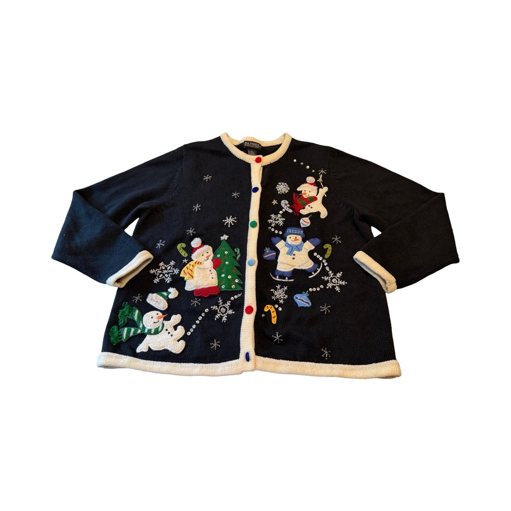 All Points Vintage Christmas Sweater Cardigan Black White Embroidered L